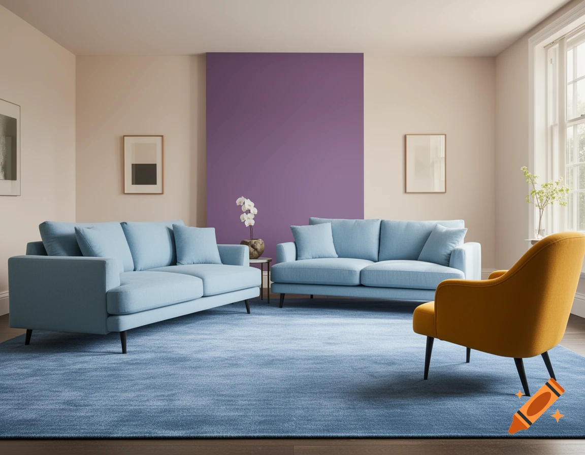 A modern living room with two light blue sofas, a mustard armchair, a blue carpet, and a purple accent wall.
