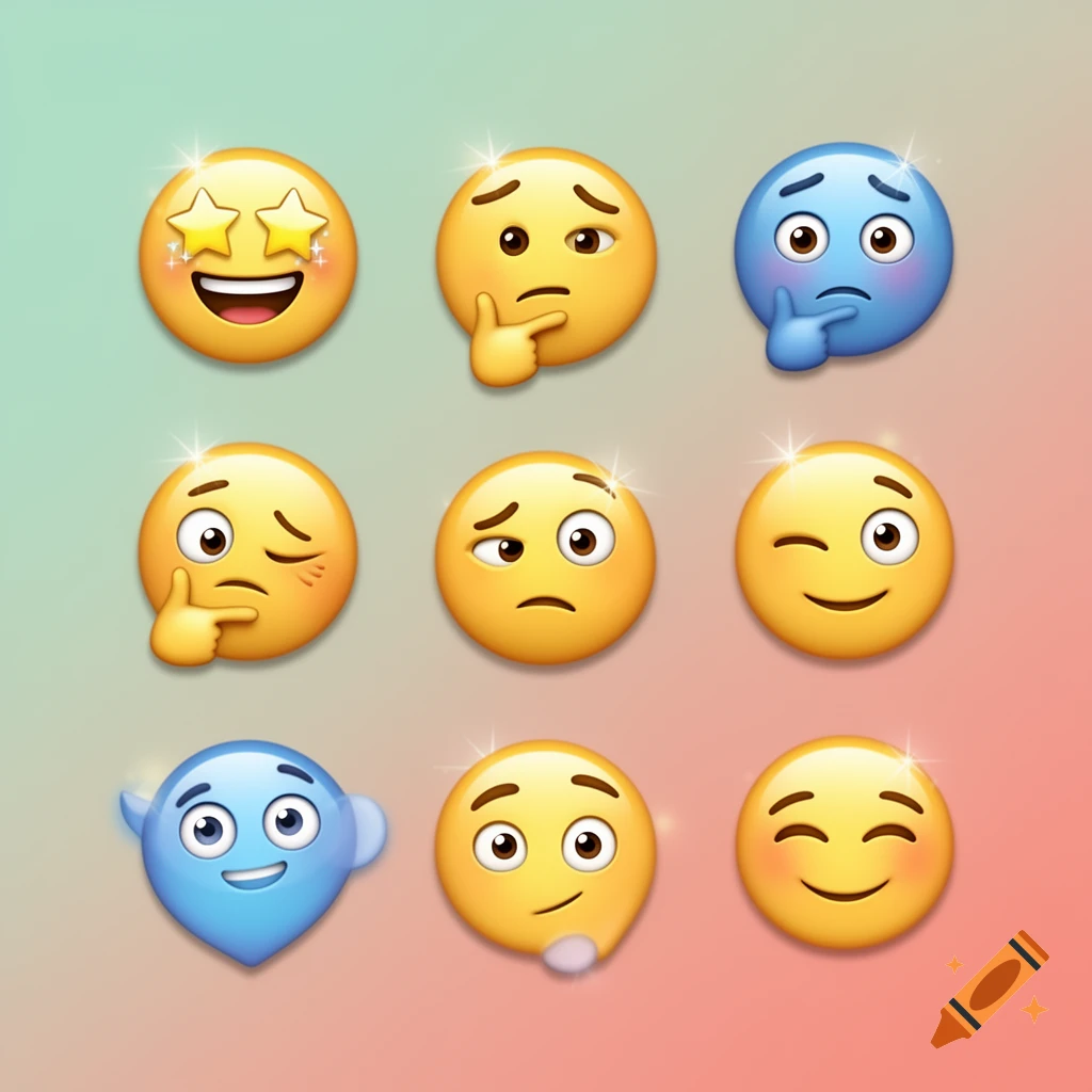 A grid of nine colorful 3D-rendered emojis displaying various expressions like starry-eyed, pensive, winking, and happy on a gradient background.