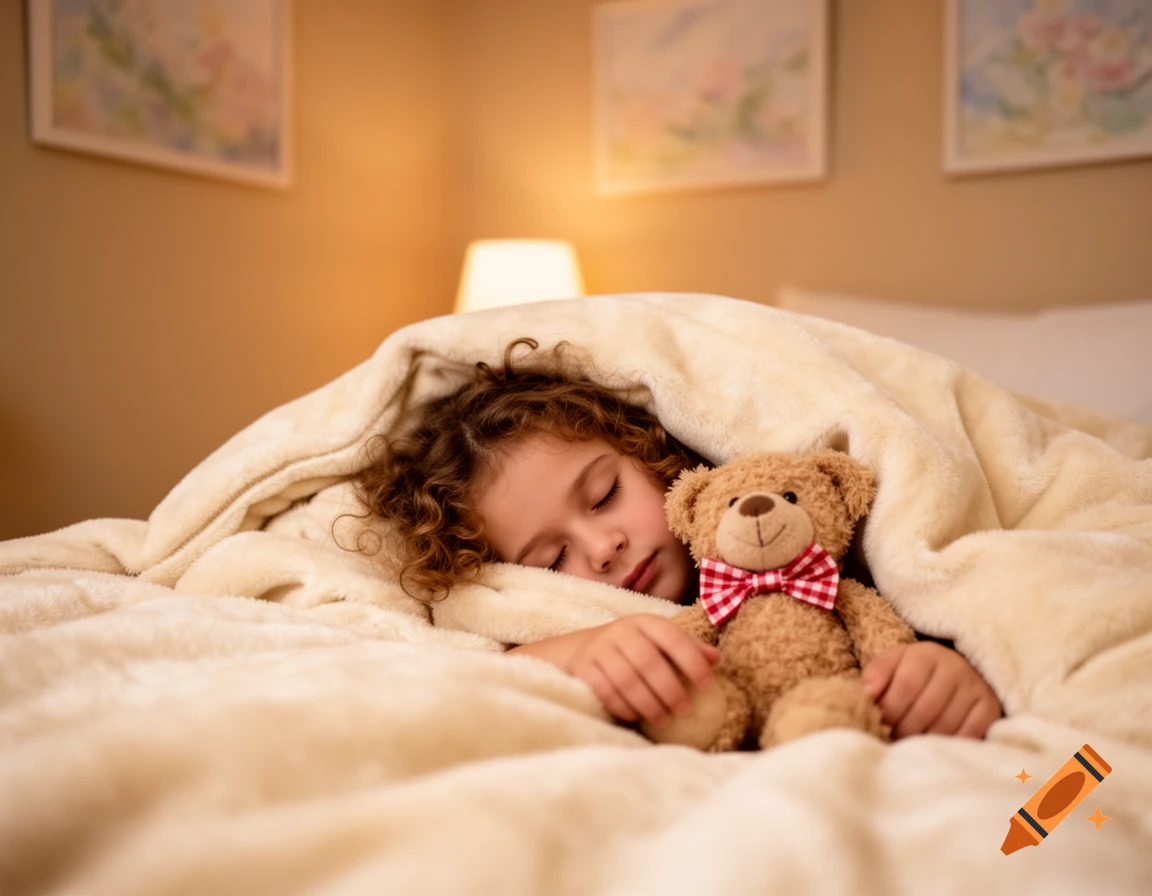 A young girl with curly hair sleeps soundly under a warm blanket, hugging a teddy bear with a red bow tie in a cozy bedroom.