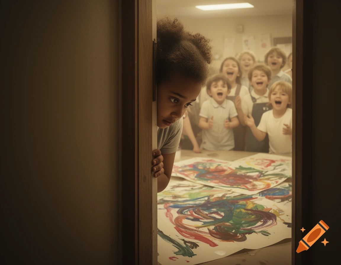 A sad child with curly hair peeks through a door at a group of happy children singing and finger-painting on paper spread on the floor.