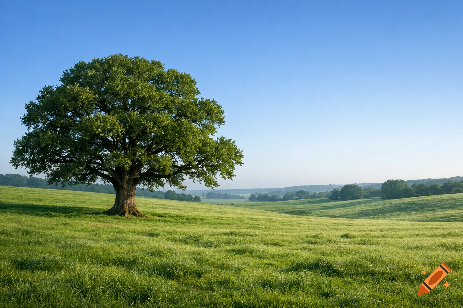 A majestic tree stands alone in a vibrant green field under a clear blue sky, with distant rolling hills.