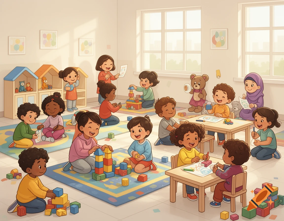 Diverse children are playing happily with blocks and drawing in a bright, friendly playroom, illustrated in a children's book style.