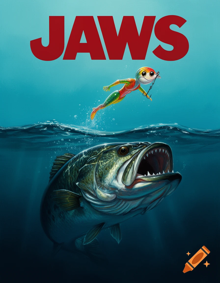 Movie poster parody showing a large bass with an open mouth underwater, a colorful creature lure above. 'JAWS' text.