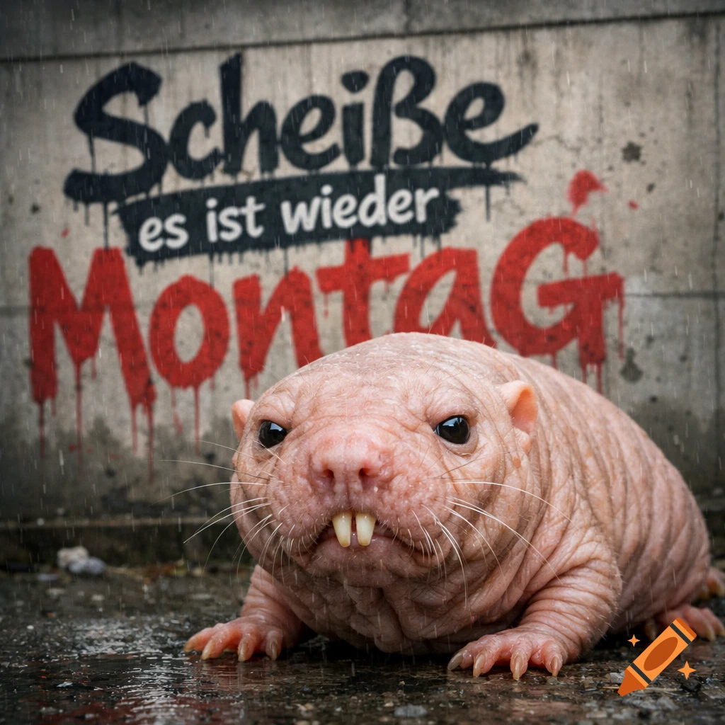 Grumpy naked mole-rat in the rain with graffiti on a concrete wall reading 'Scheiße es ist wieder Montag' (Shit, it's Monday again).