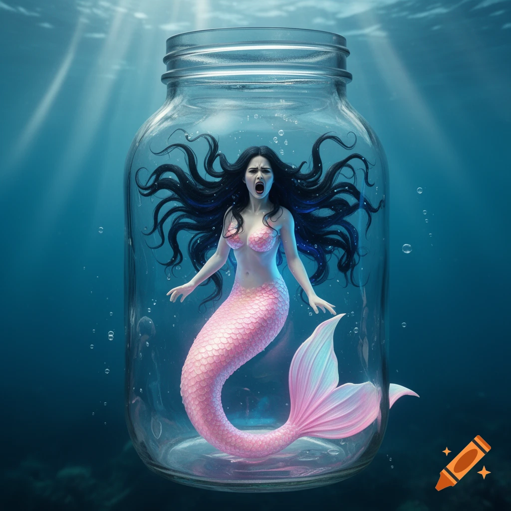 A screaming black-haired mermaid with a pink tail is trapped in a glass mason jar, submerged underwater with light rays.