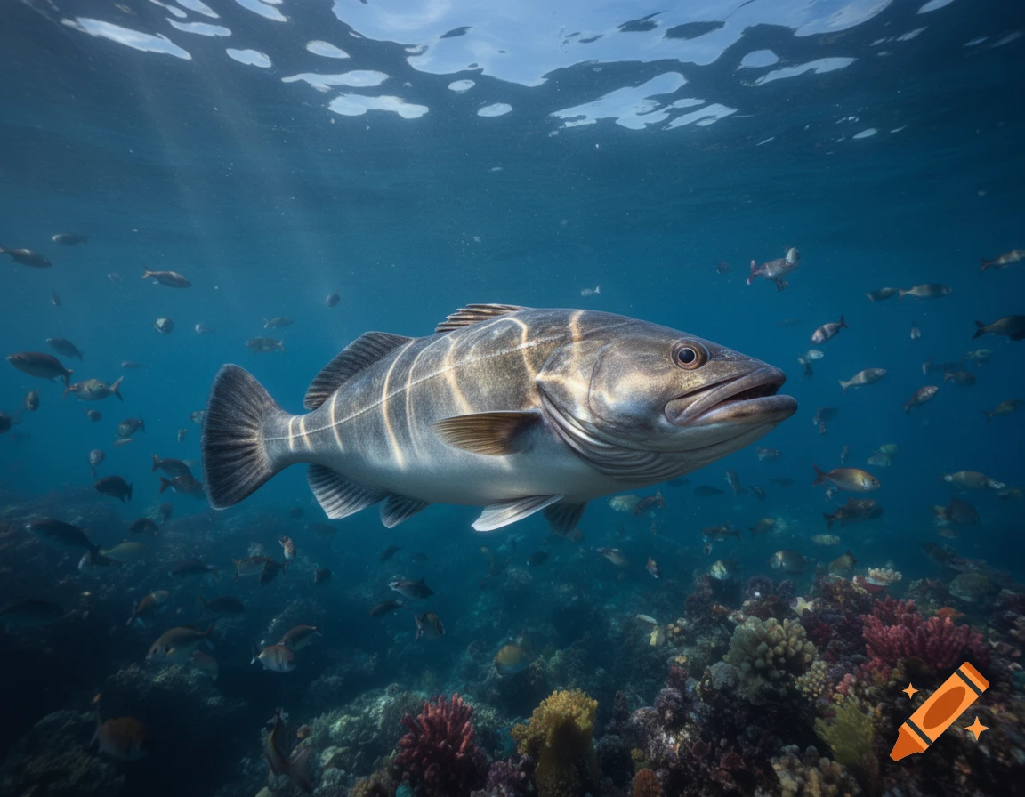 A large codfish swims in the clear blue ocean surrounded by smaller fish and vibrant coral reefs, with sunlight filtering from above.