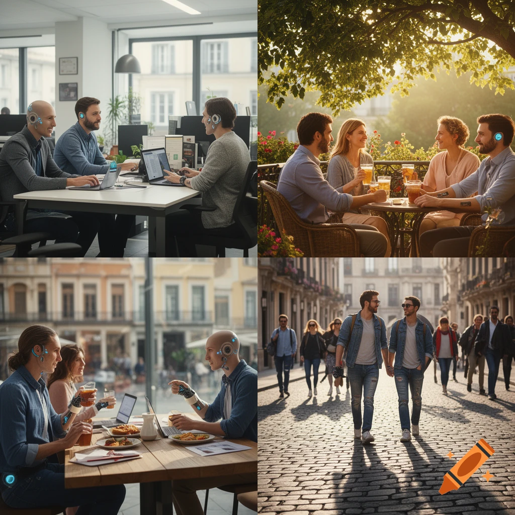 A quadtych showing AI humanoid companions with humans in various photorealistic scenes: working in an office, socializing on an outdoor terrace, dining at a cafe, and walking on a city street.