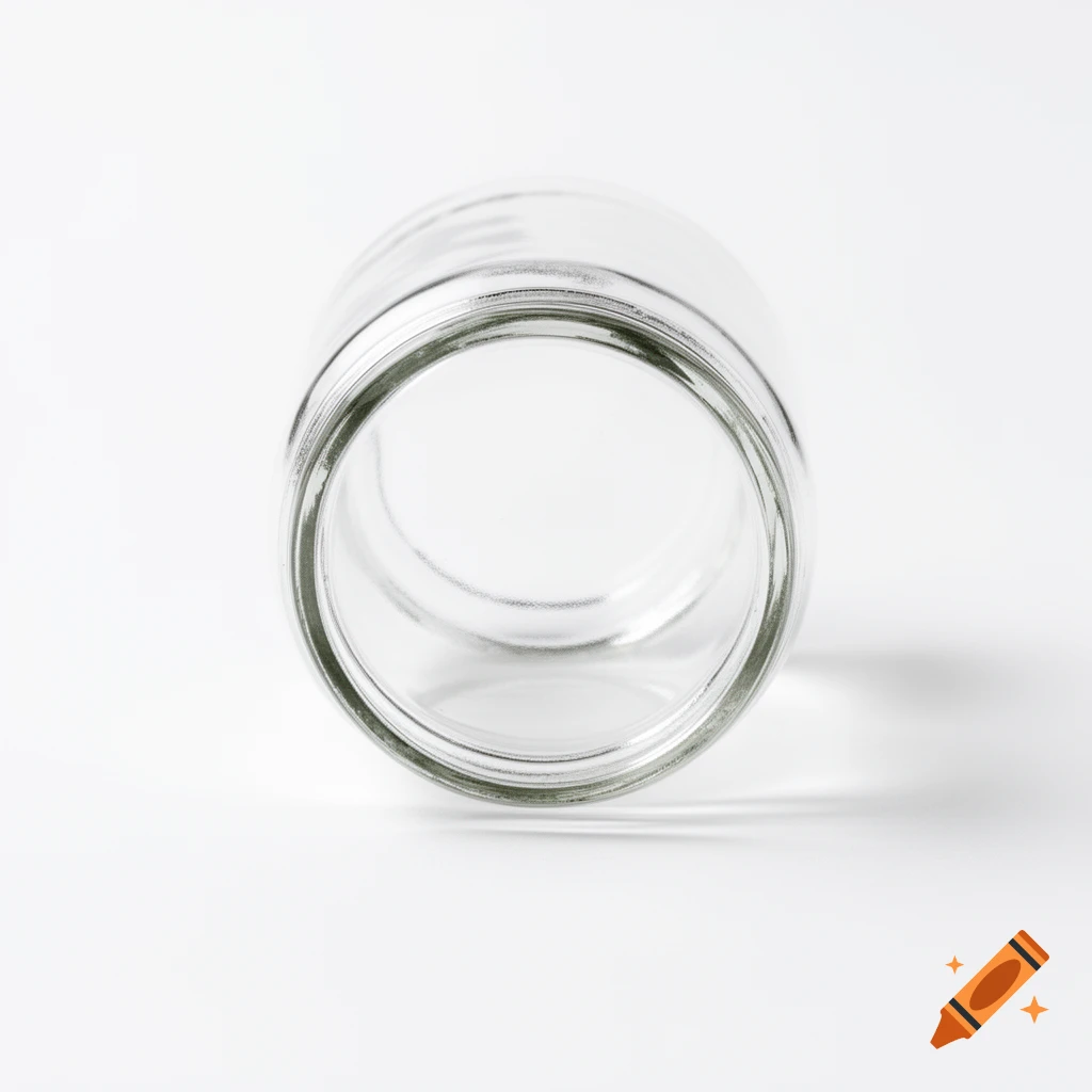 An empty clear glass jar lies on its side against a plain white background, showing its open mouth.
