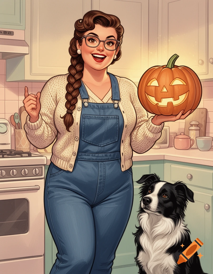 A cheerful 1950s pinup illustration of a woman in overalls holding a jack-o'-lantern, with a Border Collie beside her in a kitchen.