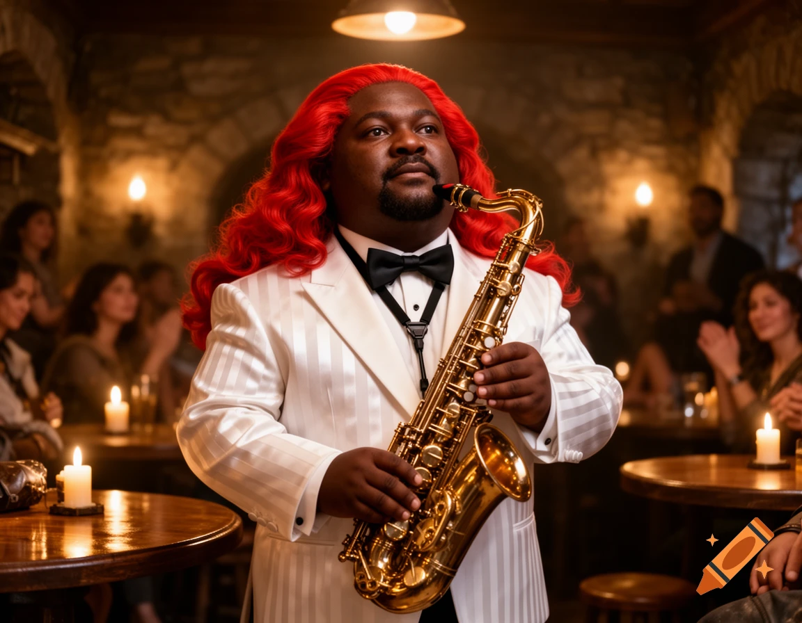 A man with dark skin and long red hair wears a white tuxedo and plays an alto saxophone in a dimly lit bar.