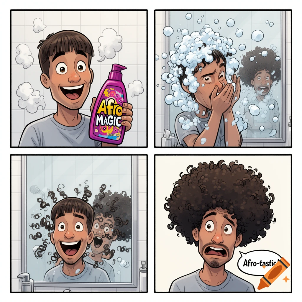 A four-panel cartoon comic showing a man using 'Afro Magic' shampoo to transform his straight hair into a large afro.