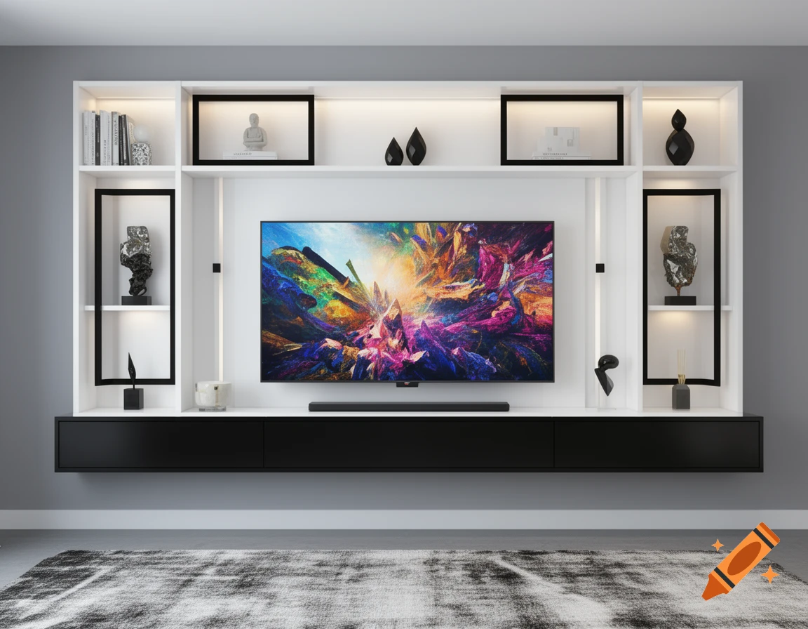 A modern living room with a white and black floating TV wall unit, featuring shelves with decorative items and a large TV displaying colorful abstract art.