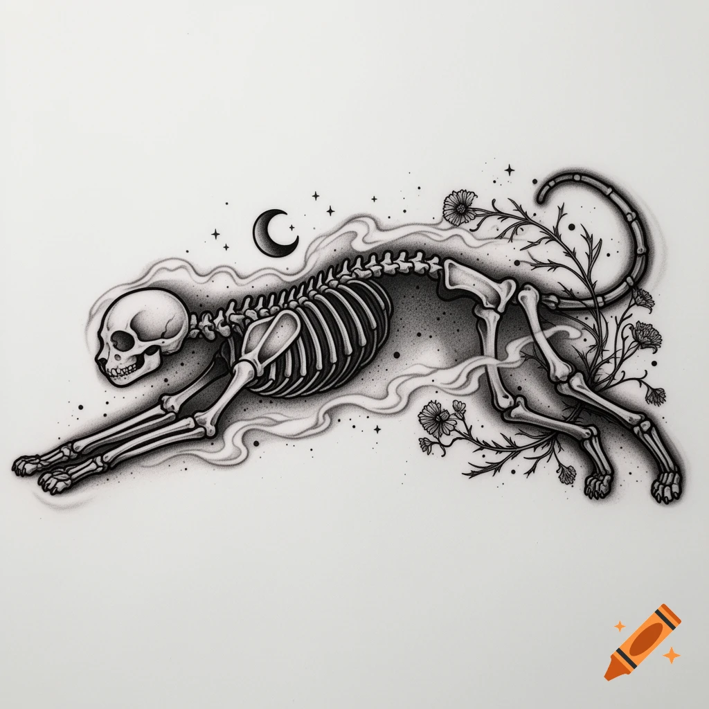 A stylized black and white illustration of a cat skeleton stretching, surrounded by smoke, stars, a crescent moon, and winding floral elements.