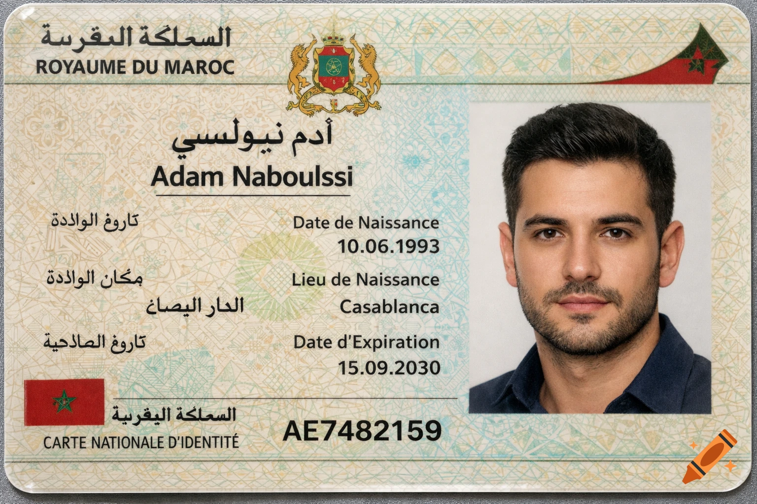 A close-up of a Moroccan ID card for Adam Naboulssi, featuring his photo, date of birth, place of birth (Casablanca), and expiration date.