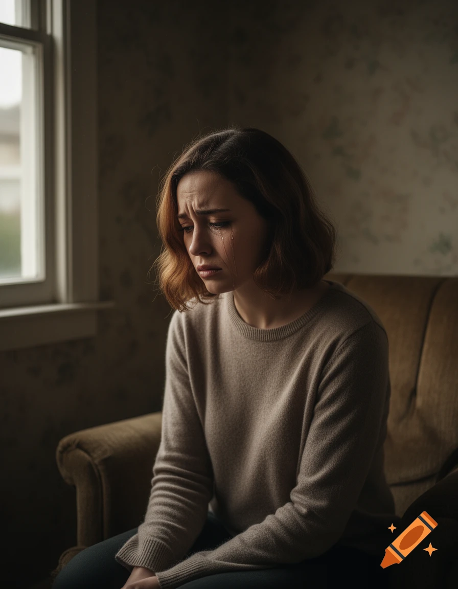 Photorealistic portrait of a sad, distressed woman with tears, sitting in a dimly lit room by a window.