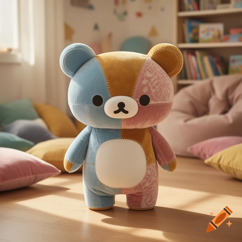 A cute patchwork Rilakkuma plushie stands on a wooden floor in a sunny, colorful room with pillows and a bookshelf.
