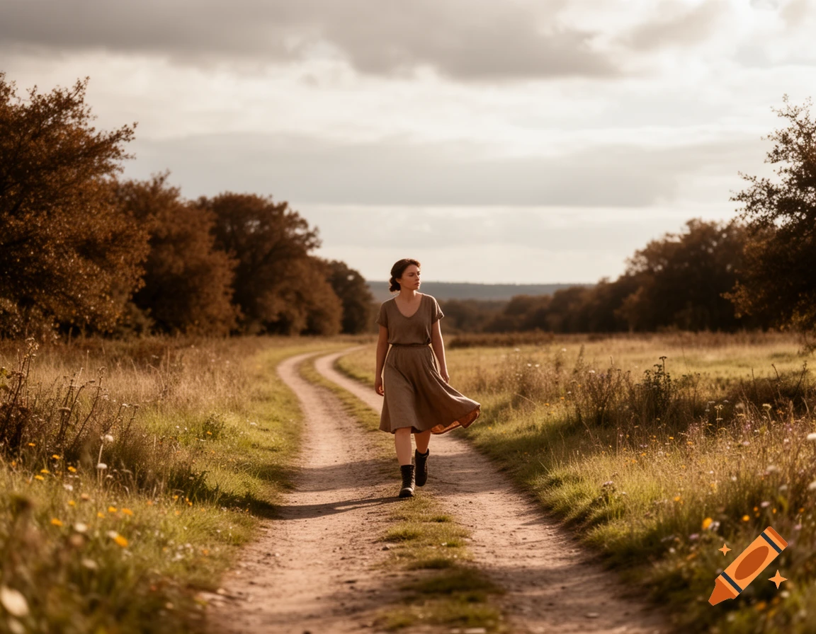 A woman in a dress and boots walks alone on a dirt path through a field with trees under a cloudy sky.