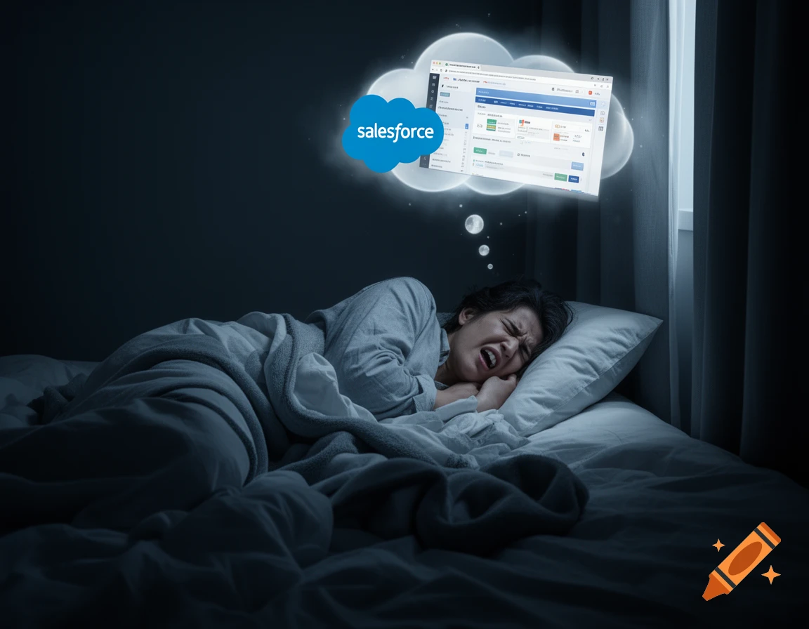 A person sleeps in bed, grimacing in a nightmare. A thought bubble shows the Salesforce cloud logo and blurry CRM screens above their head.
