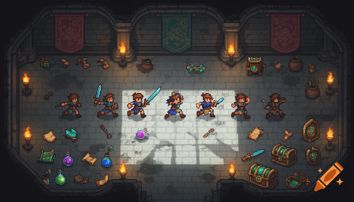 A top-down pixel art sprite sheet showing various characters, items, and environment elements in a dungeon.