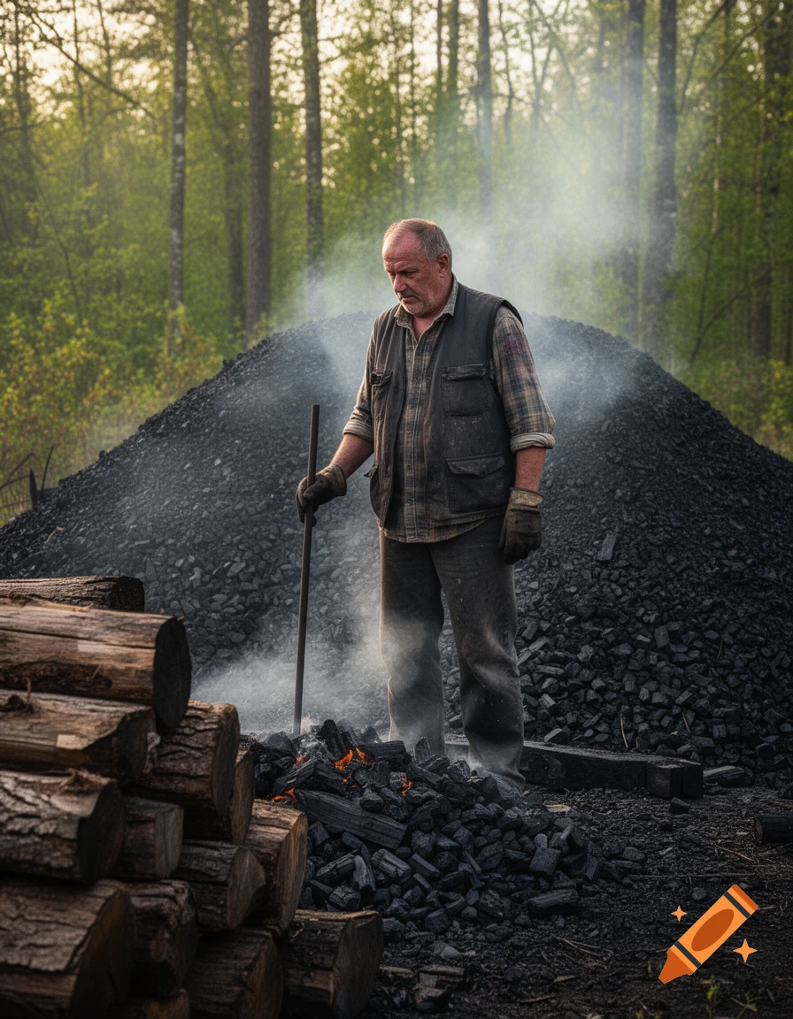 An older man in a vest and gloves stands among smacks of smoldering charcoal and stacked logs in a misty forest.