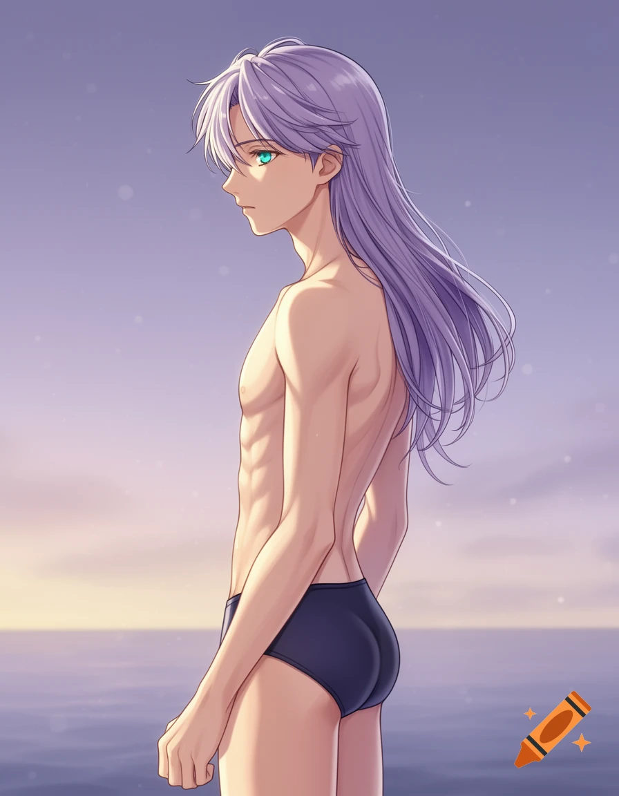 Anime drawing of a slender young man with long purple hair and green eyes, wearing a dark swimsuit, standing by the ocean at sunset.