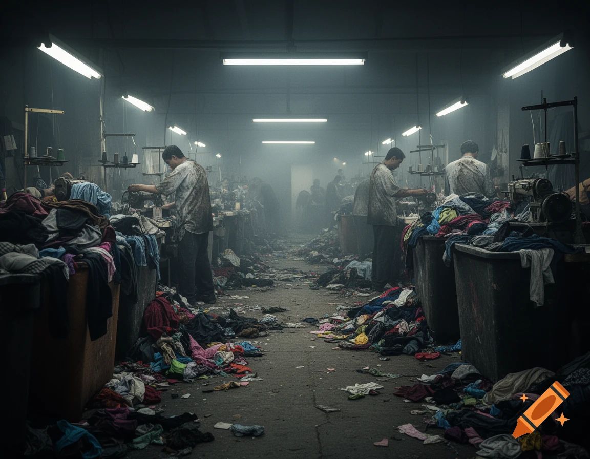 A smoky, dimly lit factory floor filled with workers at sewing machines and piles of discarded clothing, depicting poor working conditions.
