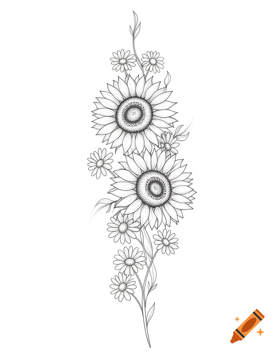 A black and white fine line tattoo design featuring two elongated sunflowers and several daisies on a white background.