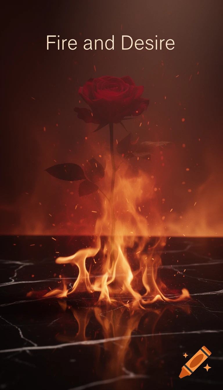 A red rose above flames on a dark, reflective surface, with 'Fire and Desire' text at the top.