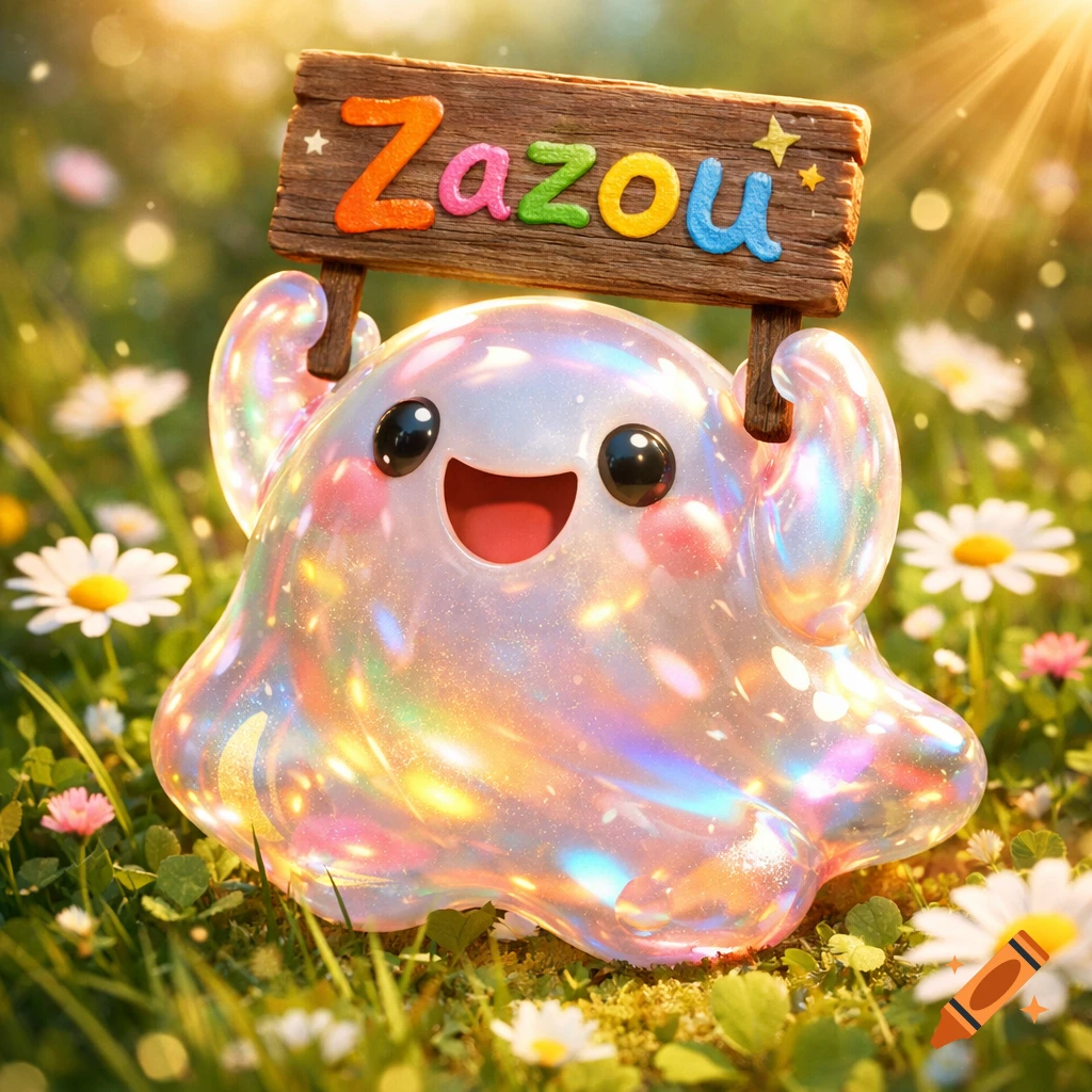 A cute, iridescent 3D blob creature smiles, holding a wooden sign with "Zazou" in colorful letters, in a sunny field with daisies.