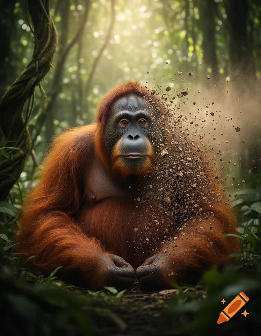 Photorealistic orangutan in a jungle, its right side disintegrating into dust, symbolizing extinction.