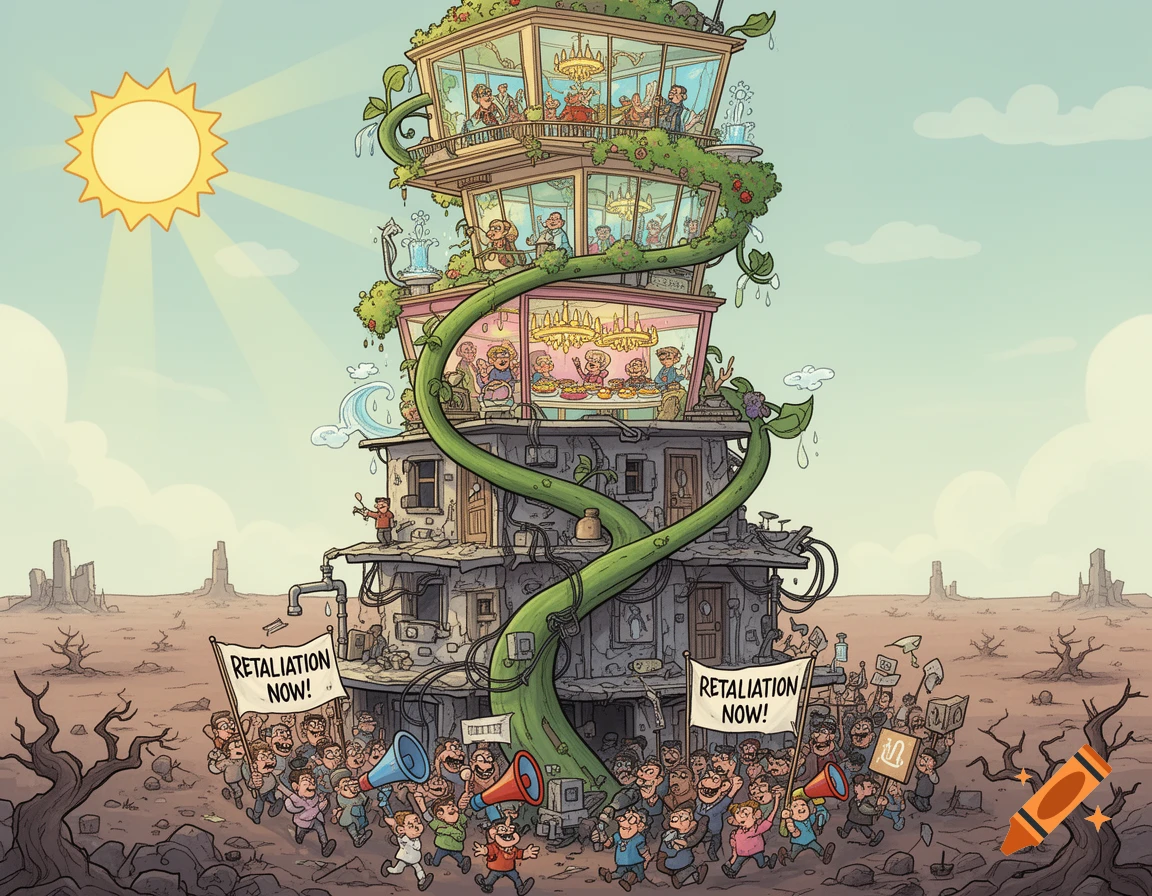 Cartoon of a tall tower with rich residents above, while poor protesters with "RETALIATION NOW!" banners gather below in a barren landscape.