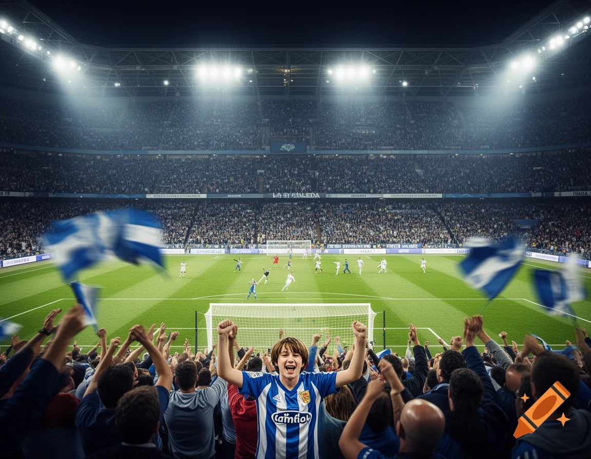 Photorealistic image of a cheering fan in a soccer stadium, raising arms in celebration as a match plays in the background.
