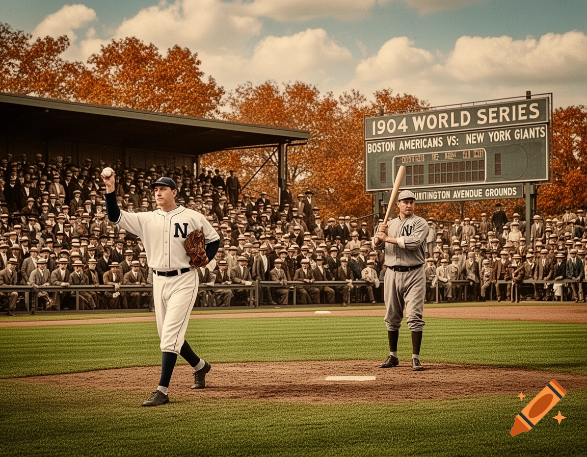 A 1904 World Series baseball game in progress, with a pitcher on the mound and a batter at home plate. A large scoreboard in the background displays "1904 WORLD SERIES BOSTON AMERICANS VS: NEW YORK GIANTS" and "HUNTINGTON AVENUE GROUNDS" to a crowd of spectators.