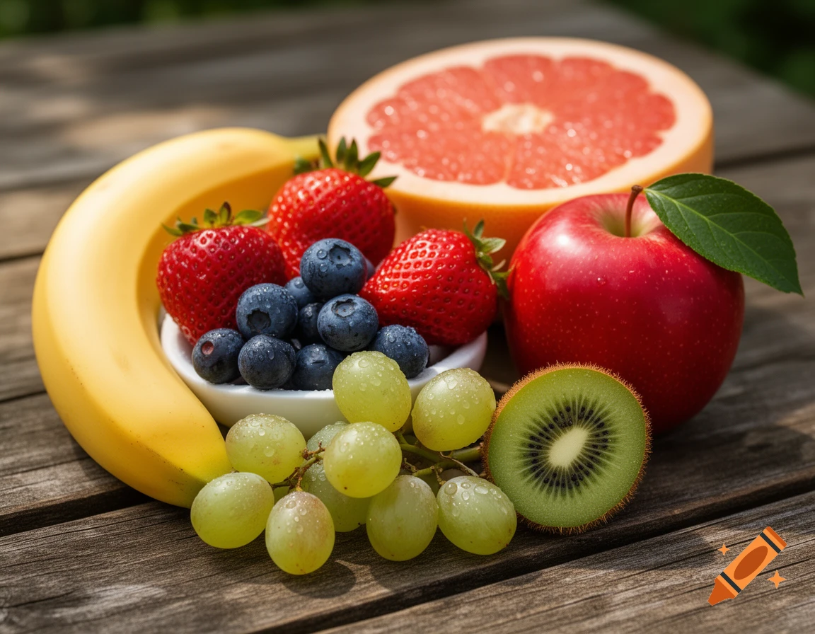 Close-up of fresh banana, strawberries, blueberries, grapes, apple, kiwi, and grapefruit with water droplets on a rustic wooden table.