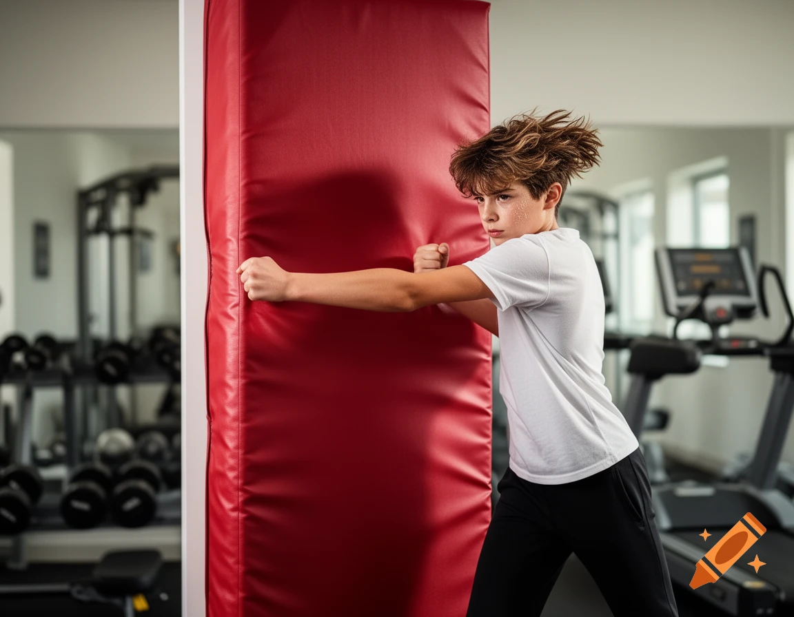 A young boy with tousled hair punches a tall red padded mat in a gym, looking focused and determined.