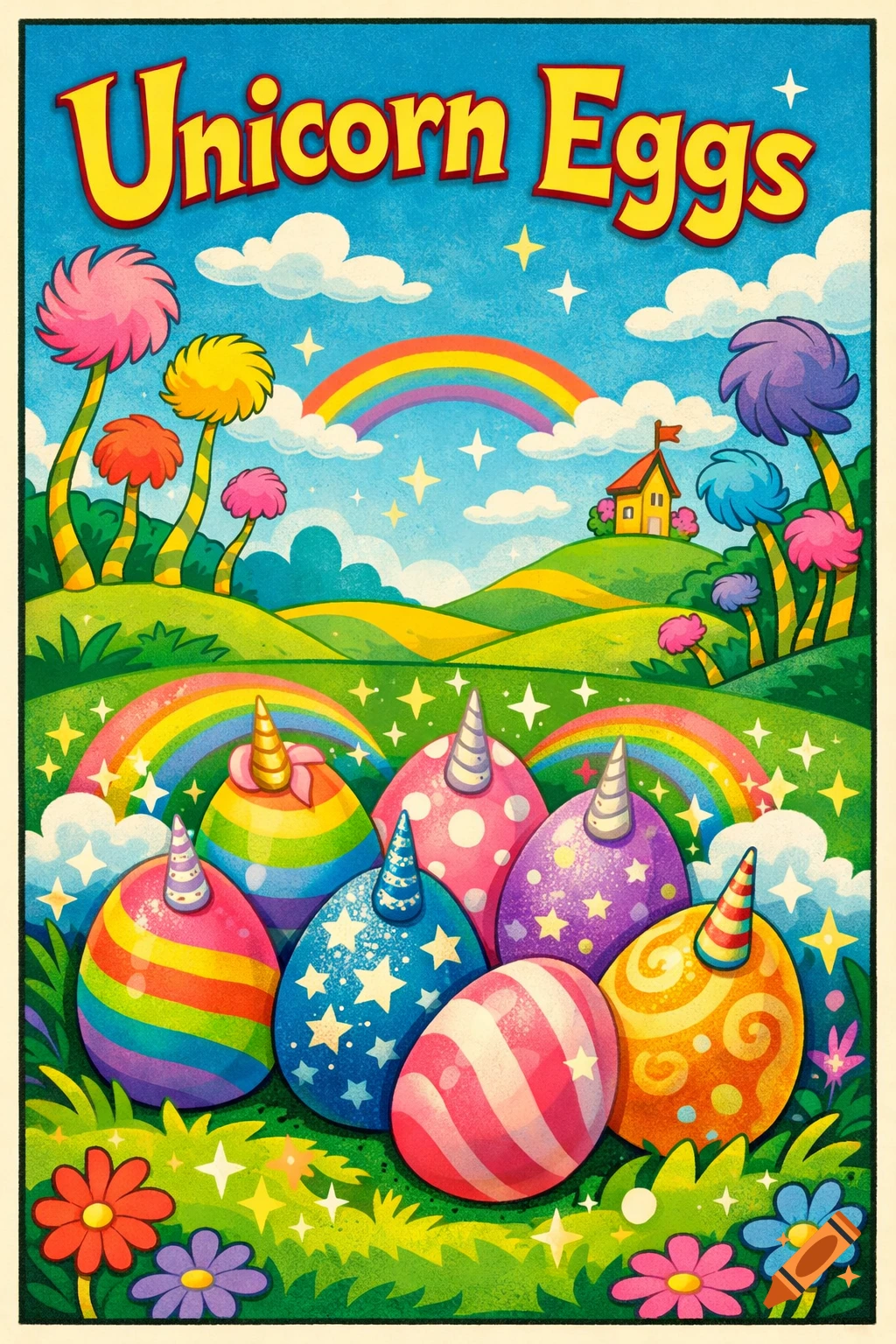 A vibrant, whimsical illustration of colorful unicorn eggs in a Dr. Seuss-style landscape with fluffy trees, rainbows, and a house, titled 'Unicorn Eggs'.