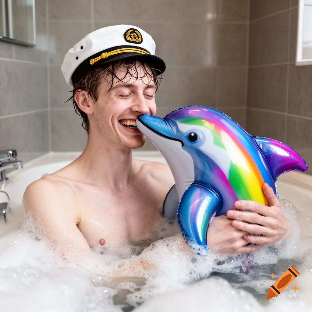 A smiling man in a captain's hat in a bubble bath, kissing an inflatable rainbow dolphin.