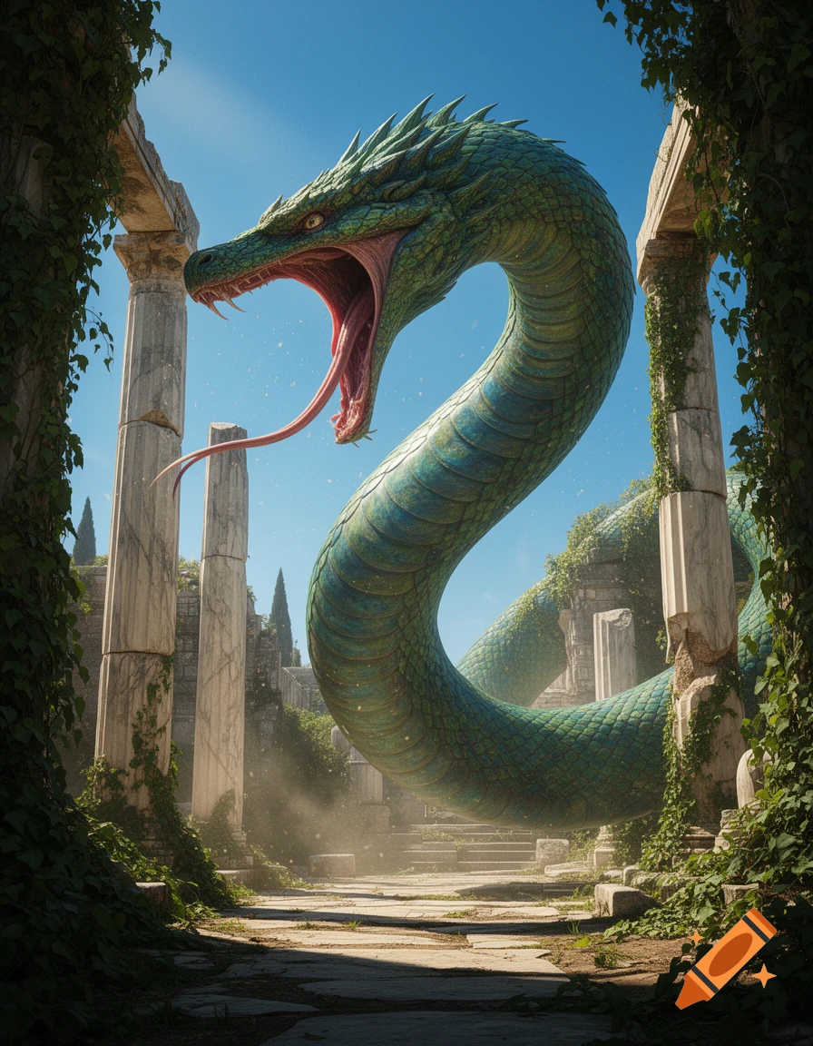 A gigantic green serpent with an open mouth and long tongue rises from ancient Greek ruins overgrown with vines under a clear sky.