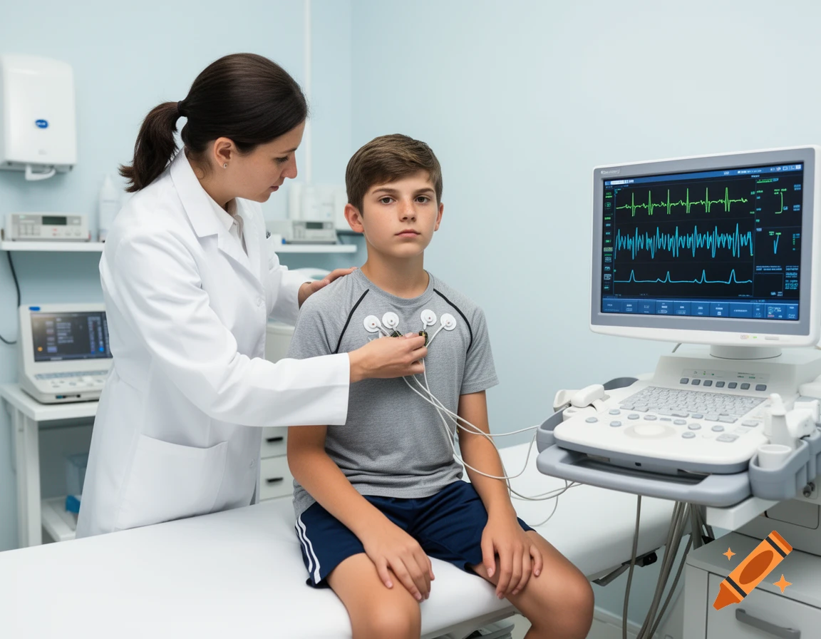 A female doctor in a white coat attaches ECG electrodes to a teenage boy's chest while a monitor displays heart rhythm patterns in a brightly lit examination room.