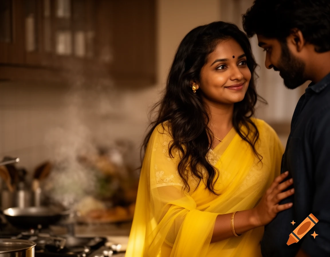 A South Indian woman in a yellow saree smiles at her husband in a softly lit kitchen, her hand resting on his arm.