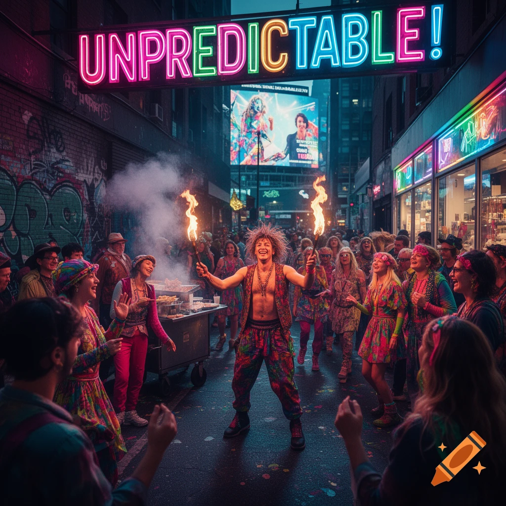 A shirtless man with torches performs in a vibrant, crowded street festival under a neon 'UNPREDICTABLE!' sign at night.