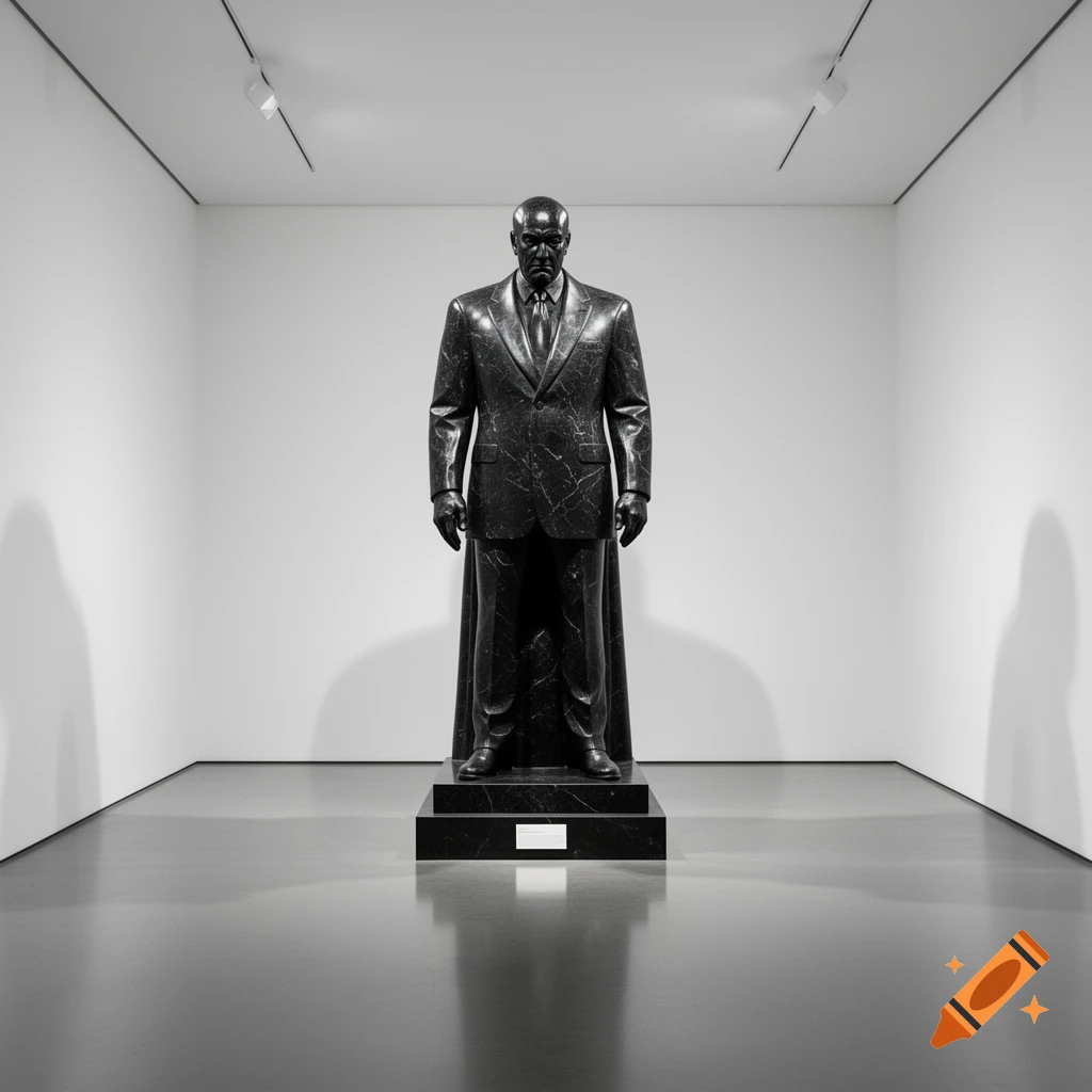 A dark, veined marble statue of a stern man in a suit stands centrally in a minimalist white art gallery.