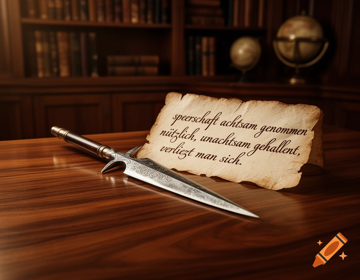 A detailed dagger rests on a polished wooden desk beside an old scroll with handwritten German text in a dimly lit study.