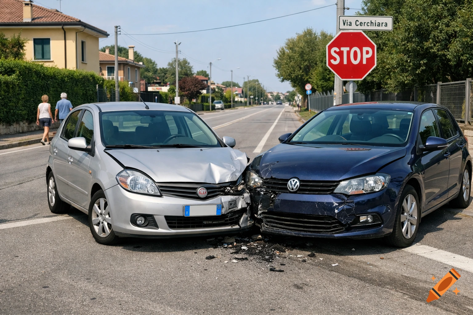 Two damaged cars, a silver and a blue, after a front-end collision at a street intersection with a stop sign and street name sign, in a hyper-realistic photographic style.