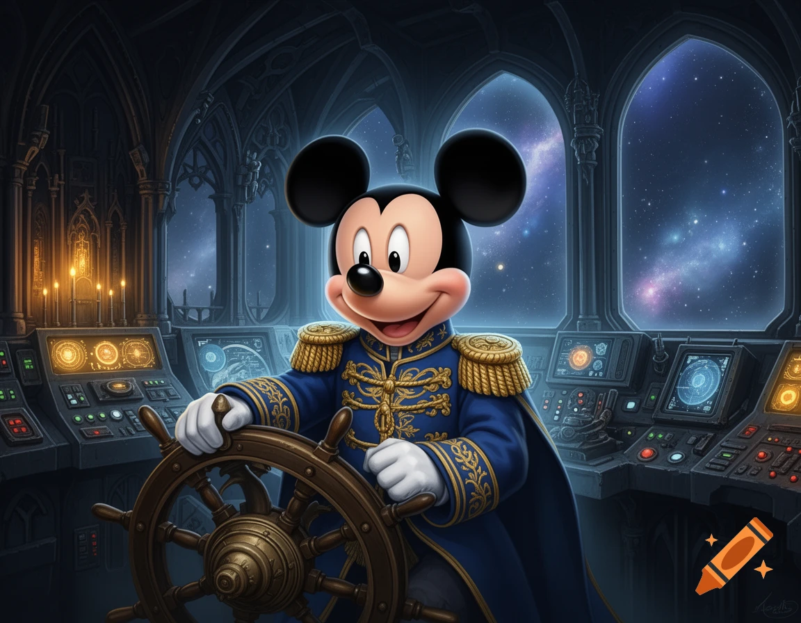 Mickey Mouse as an Imperial Admiral in a blue and gold uniform, steering a ship in a gothic space cockpit with stars visible.
