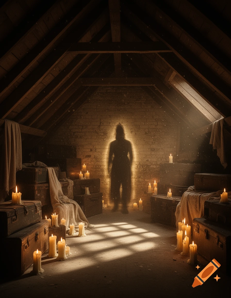 A dark, dusty attic illuminated by numerous glowing candles, with a radiant silhouette of a person standing in the center.