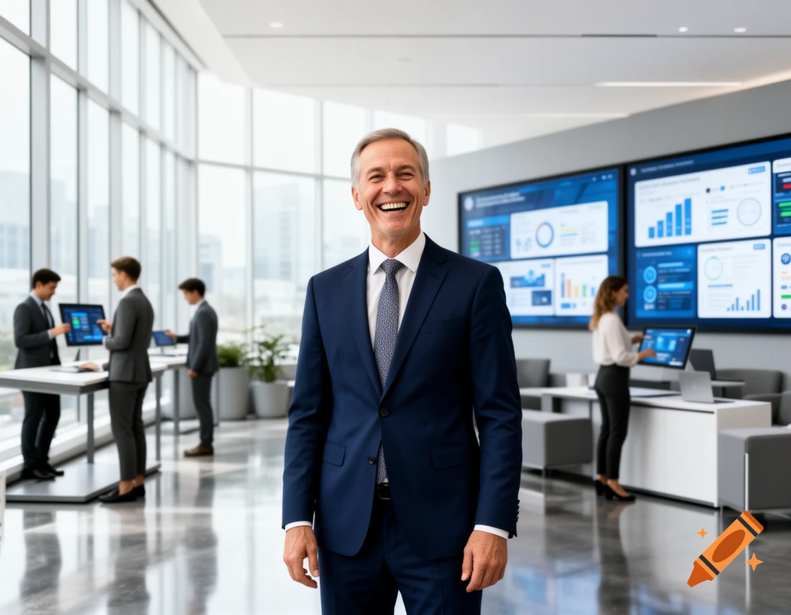 Smiling businessman in a suit stands in a modern office with large data screens and other professionals in the background, photorealistic.