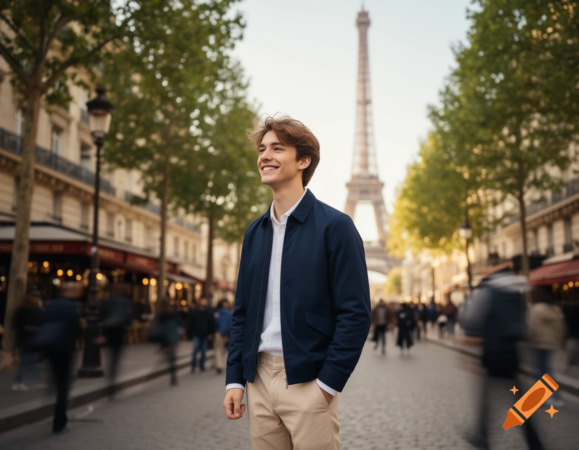 A smiling young man in a blue jacket and tan pants stands on a cobblestone street in Paris with the Eiffel Tower in the background.