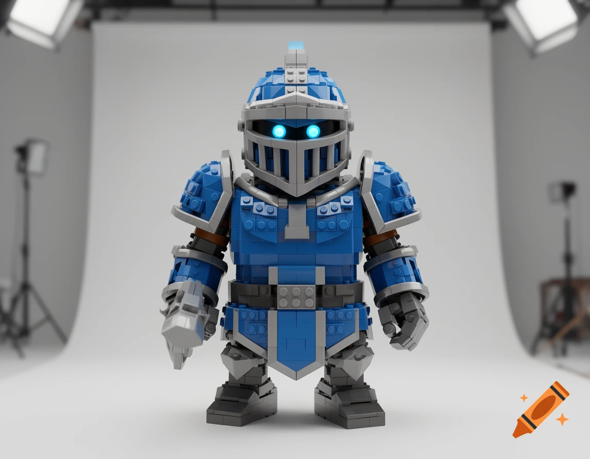 A detailed blue and grey Lego-style knight figure, resembling Mini Pekka, with glowing blue eyes, standing in a brightly lit studio.