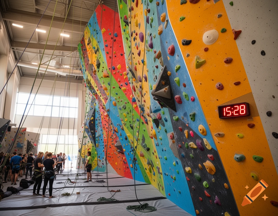 People in a bright indoor climbing gym with colorful walls and ropes, a digital clock shows 15:28.